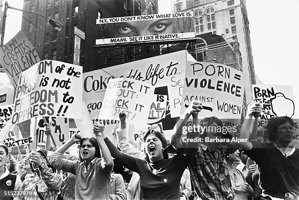 Women Against Pornography demonstrators march on Times Square, New York City, USA, 20th October 1979.
