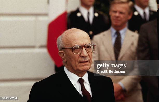 Washington, DC.: Close up of Amintore Fanfani, the Italian Prime Minister, giving an address outside of the White House.