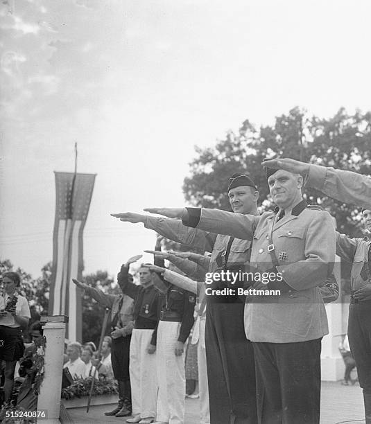 The salute during the Second Annual German Day celebration at Camp Siegfried, Yaphank, Long Island, New York, August 29. More than 25,000 German...