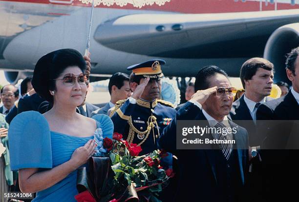 Mobile, Alabama: Philippine President Ferdinand E. Marcos and his wife Imelda Romualdez Marcos, are shown during ceremonies on their arrival here...