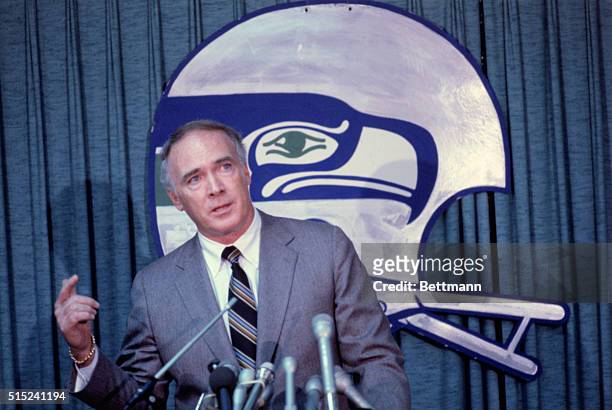 Seattle, Washington: Chuck Knox holds a press conference after the Seattle Seahawks named him head coach of the team 1/26. Knox, who has guided teams...