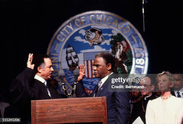 Chicago: Harold Washington is sworn in by Cook County Circuit Court Judge Charles Freeman to become the first black mayor of Chicago. Former Mayor...