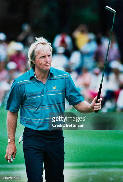 Augusta: Australia's Greg Norman salutes after sinking a birdie putt on the 2nd hole during 3rd round of the Masters. Norman is in sole possession of...