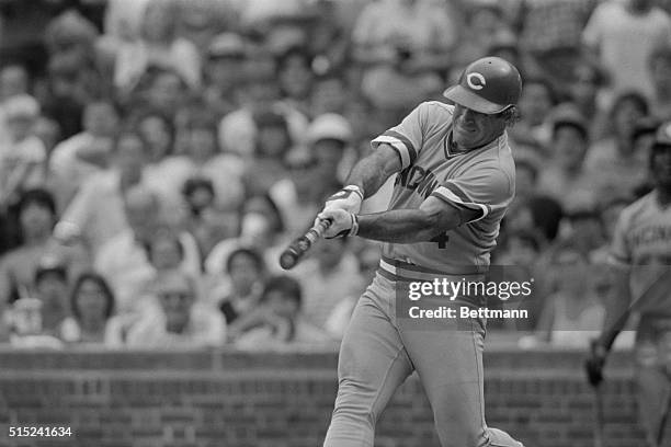 Reds' Pete Rose singles off Cubs' Reggie Patterson in the 5th inning to tie Ty Cobb's career record of 4,191. Ball is at left.