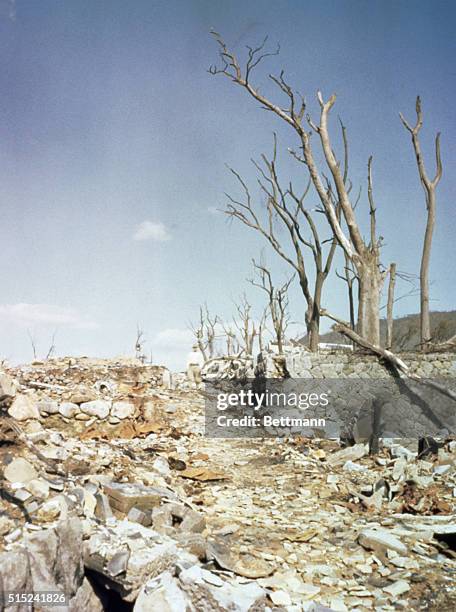 Rubble remains of Nagasaki, two months after the atomic bomb was dropped over the city. | Location: Nagasaki, Japan.