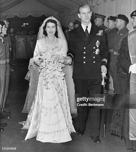 Princess Elizabeth and Prince Philip just married walking down the aisle of Westminster Abbey, London, UK, 21st November 1947.
