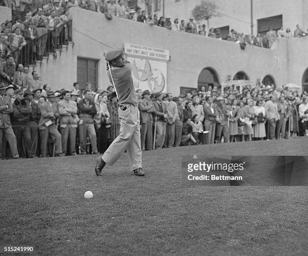Ben Hogan, of Hershey, Pennsylvania, drives off from the clubhouse tee in the second round of the 22nd annual Los Angeles $10,000 Open Golf...