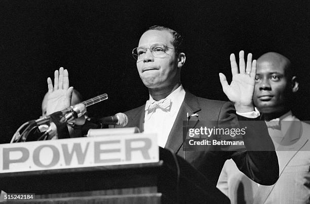 Boston, MA- Rev. Louis Farrakhan, head of the Nation of Islam, speaks at Alumni Hall, Northeastern University in Boston. He outlined a new economic...