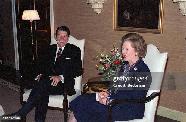 New York: President Ronald Reagan meets with Great Britain's Prime Minister Margaret Thatcher at the Waldorf Astoria.