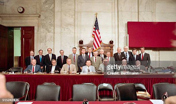 Washington: Twenty-two of the 26 members of the joint congressional Iran-Contra committees get together for a portrait. From left seated are: Sen...