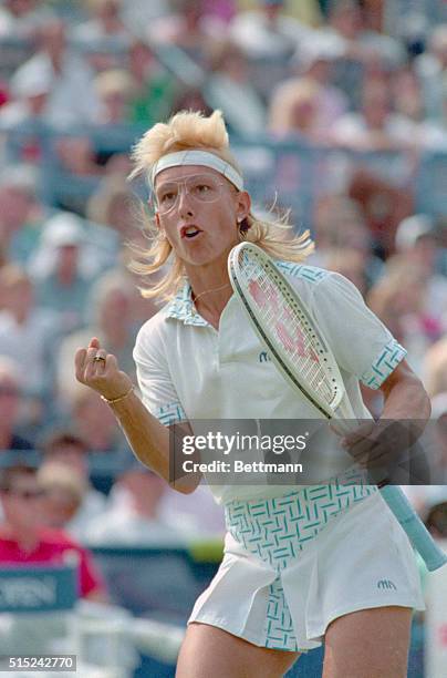 New York: Martina Navratilova cheers after winning the first set in her U.S. Open final match with Steffi Graf.