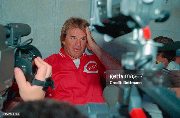 Reds manager Pete Rose holds an impromptu press conference 3/22 in the dug out prior to their game against the cards. Rose is under investigation by...