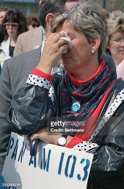 Washington: Mary Farrell, a friend of Trisha Coyle, a Boston College student who died in the crash of Pan Am Flight 103, wipes a tear 4/3, during a...