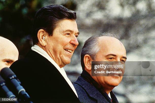 Ronald Reagan and Secretary Gorbachev at the welcoming ceremony at the East Lawn of the White House.