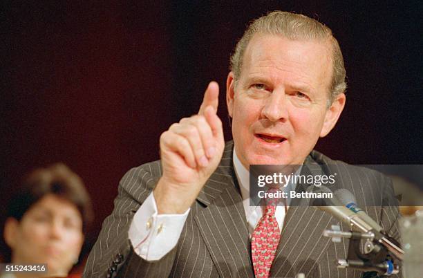 Washington: Secretary of State James Baker testifies before the Senate Appropriations Committee. Baker called on the Soviets to back up Mikhail...