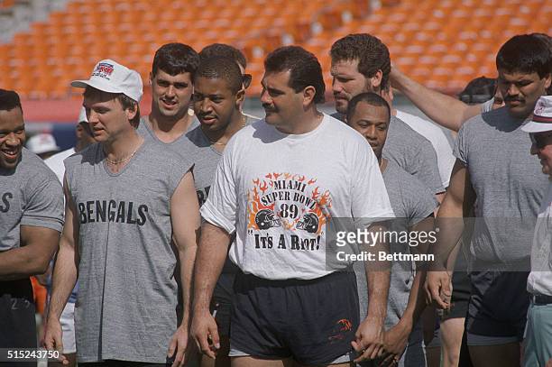 Miami: Bengal offensive guard Max Montoya sports a T-shirt representative of Superbowl week in Miami as he stands next to back up quarterback Turk...