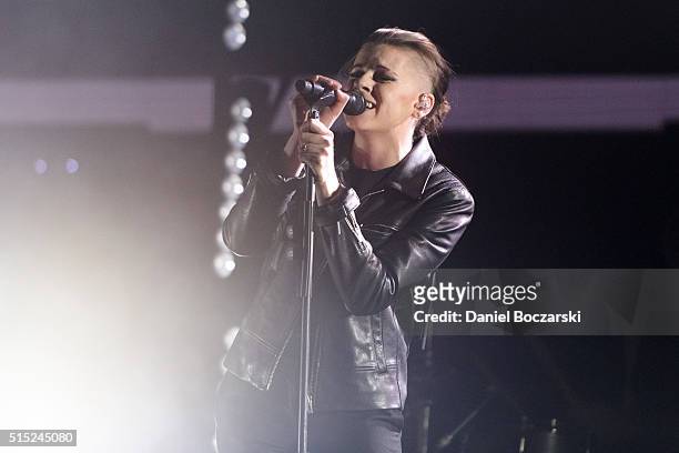Lynn Gunn of PVRIS performs during the Wintour Is Coming Tour at United Center on March 12, 2016 in Chicago, Illinois.
