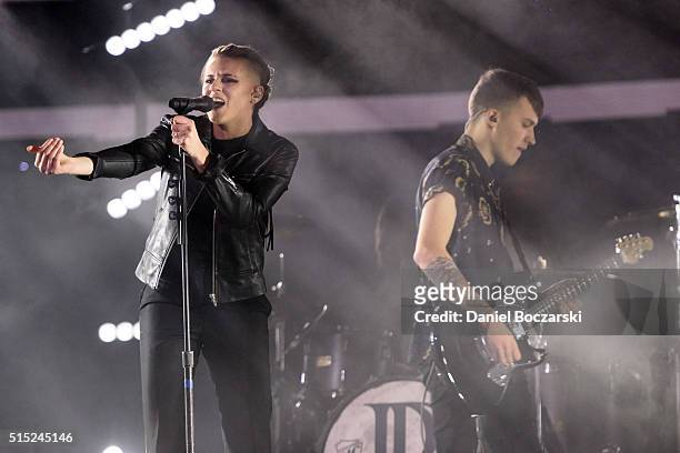 Lynn Gunn and Alex Babinski of PVRIS perform during the Wintour Is Coming Tour at United Center on March 12, 2016 in Chicago, Illinois.