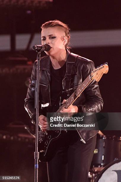 Lynn Gunn of PVRIS performs during the Wintour Is Coming Tour at United Center on March 12, 2016 in Chicago, Illinois.