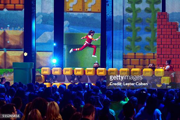 Actress Cree Cicchino flies across the stage during Nickelodeon's 2016 Kids' Choice Awards at The Forum on March 12, 2016 in Inglewood, California.