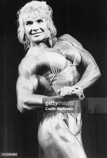 New York, New York: The 1987 Ms. Olympia, Cory Everson of North Ridge, California, displays her winning form during the premiere competition in...