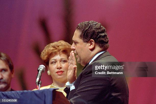 Atlanta: Maynard Jackson takes the oath of office as the mayor of Atlanta as his wife Valerie looks on. Jackson first held the office 16 years ago,...