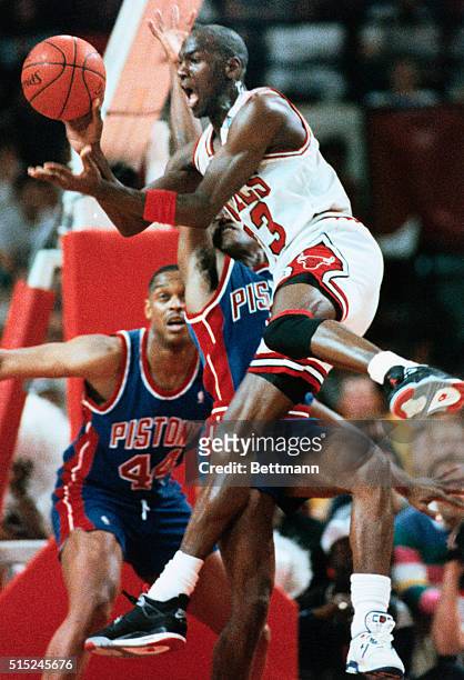 Chicago: Chicago Bulls' superstar Michael Jordan looks to pass during the 3rd quarter of the Detroit-Chicago playoff game. Jordan scored 46 points to...
