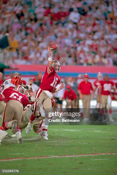 San Francisco 49ers' quarterback Joe Montana throws a pass during a game against the Cincinnati Bengals.