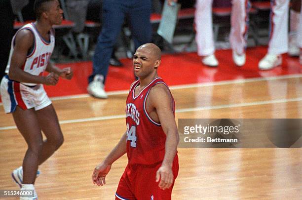 Auburn Hills, Mich: Philadelphia 76ers Charles Barkley grimaces after missing two free throws with seconds remaining in regulation time. The Detroit...