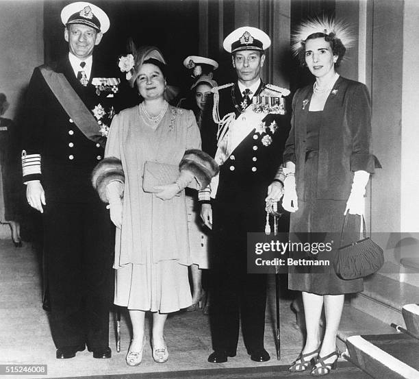 Danish Royals' State Visit to London 1951: King Frederick of Denmark, Queen Elizabeth, King George VI and Queen Ingrid of Denmark.