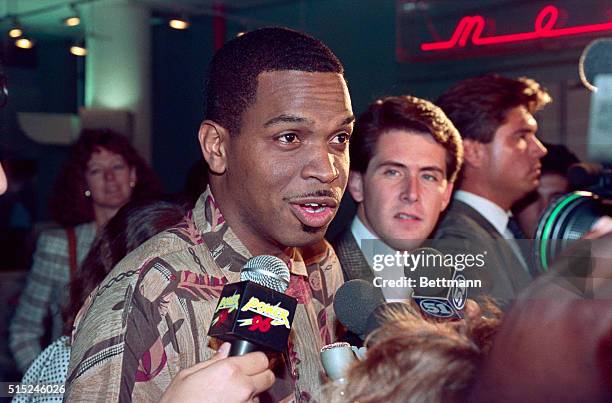 Miami: Luther Campbell, leader of the rap band 2 Live Crew, speaks with the media at Miami International Airport where members of his band arrived...
