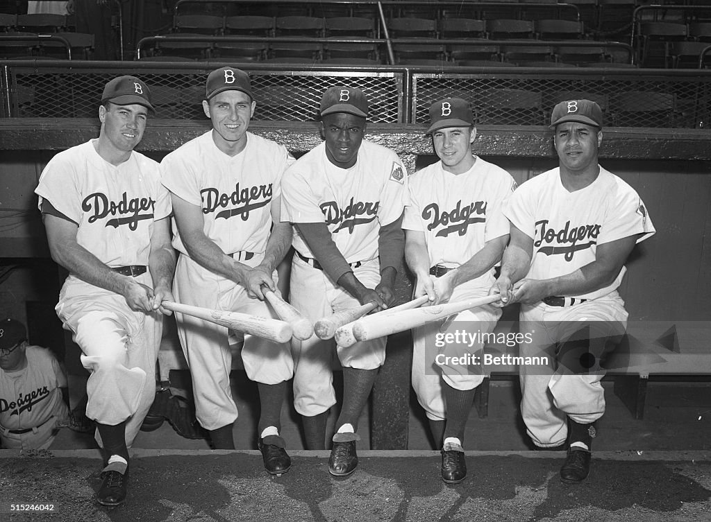 Five Brooklyn Dodgers Posing with Bats
