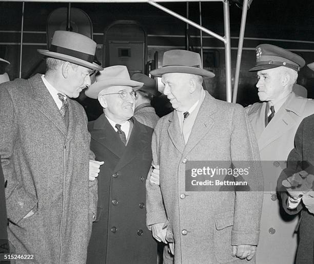 After what was the fastest Presidential flight between Kansas City and Washington, two hours and 37 minutes, President Truman, , greets Dean Acheson,...