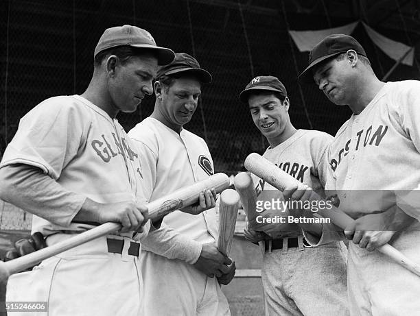 Quarter of sluggers than which there is no whicher is shown comparing cudgels at the All-Star game. Left to right: Mel Ott, of the New York Giants;...