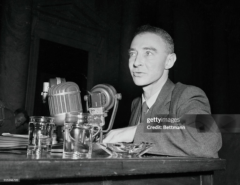 J. Robert Oppenheimer at Microphones During Congressional Hearing