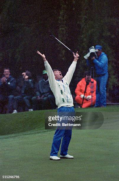 Augusta, Ga.: England's Nick Faldo Exalts after sinking a par putt on the 2nd hole of sudden death to beat Raymond Floyd and become the only other...