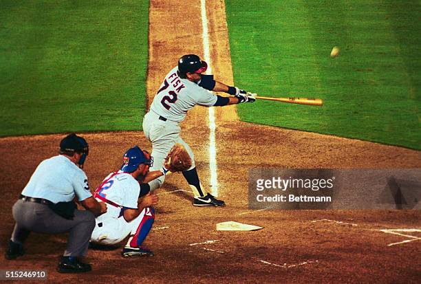 With this swing, White Sox catcher Carlton Fisk set a major league record for catchers by hitting his 328th career home run, breaking a tie with...