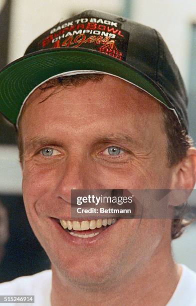 San Francisco 49ers quarterback Joe Montana smiles after his team defeated the Denver Broncos in Super Bowl XXIV.