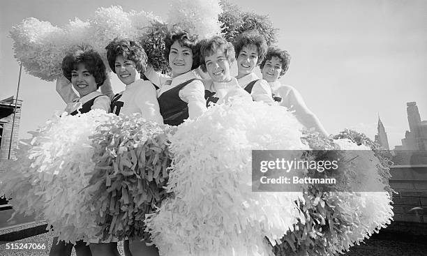 Cheerleaders from the Southwest practice for the Gotham Bowl game at the Hotel Manhattan. They are, l. To r.: Marsha Hendrickson Nan Richards Carma...