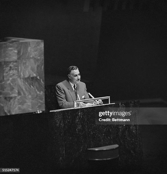 Gamal Abdel Nasser, President of the United Arab Republic speaks to the General Assembly at the United Nations.