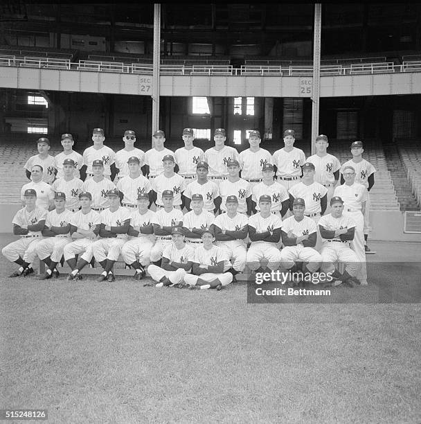 Members of the New York Yankees major league baseball team pose for a photograph in Yankee Stadium. Rear: Luis Arroyo, Duke Maas, Eli Grba, Ryne...