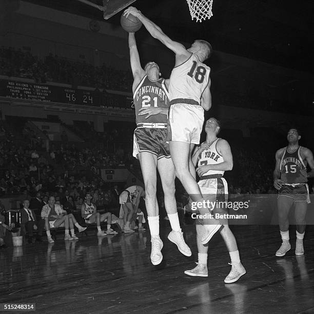 Knicks vs. Cincinnati Royals. Madison Square Garden. New York, New York: Darrall Imhoff of Knicks and Larry Staverman of Cinncinnati Royals as they...