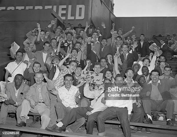 Pre-Game audience cheering at New York's Polo Grounds for the New York Giants vs. Brooklyn Dodgers baseball game on October 3, 1951.
