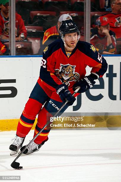 Corban Knight of the Florida Panthers skates with the puck prior to the start of the game against the Pittsburgh Penguins at the BB&T Center on...