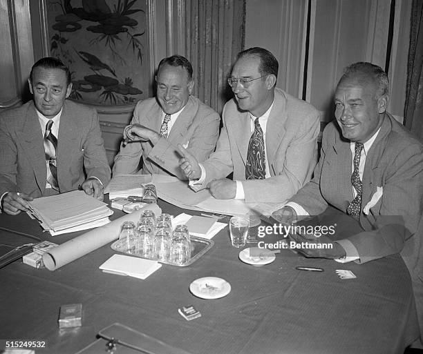 This is a Baseball owners' meeting with the Screening Committee, Phil Wrigley of the Cubs; Lou Perini of the Braves; Del Webb of the Yankees; and...