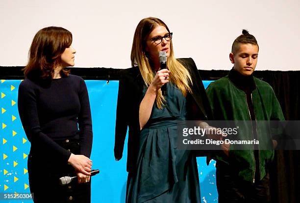 Writer/director Julia Hart, actors Lily Rabe and Anthony Quintal speak onstage at the premiere of "Miss Stevens" during the 2016 SXSW Music, Film +...