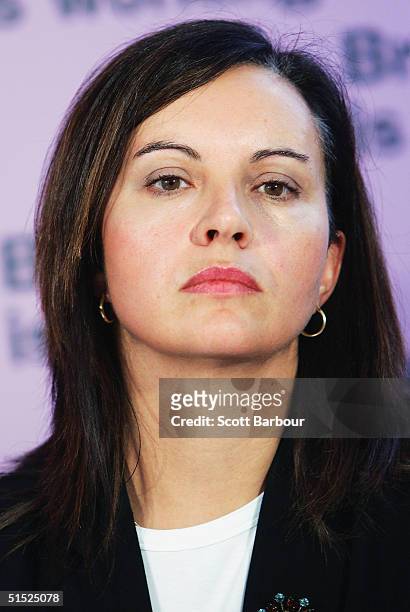 Labour's Home Office Minister Caroline Flint answers questions during a press conference about 'Law and Order' on October 21, 2004 in London,...