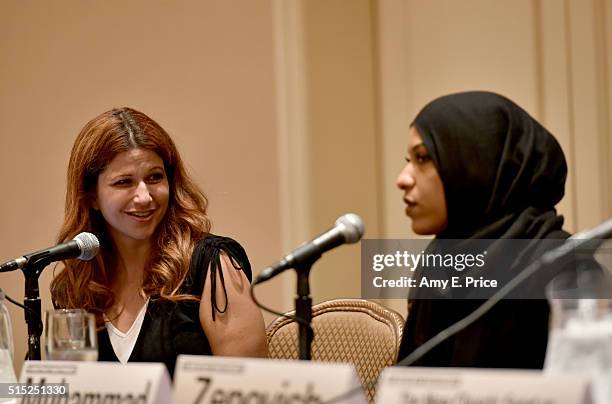 Reporter Rachel Nichols and American sabre fencer Ibtihaj Muhammad speak onstage at 'The New Church: Sport as Currency of American Life' during the...