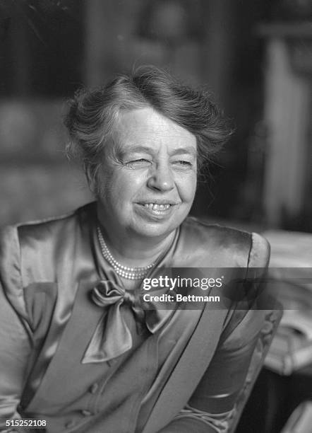 Anna Eleanor Roosevelt, , American author, diplomat, humanitarian and 32nd First Lady is shown in this head and shoulders photograph.