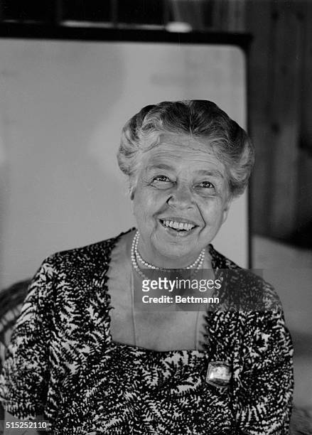 Anna Eleanor Roosevelt, , is shown in this head and shoulders photograph. She was an American author, diplomat, humanitarian and 32nd First Lady.